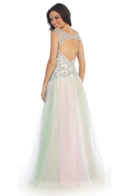 Sleeveless Tulle Long Dress with Bead Embellished Bodice and Neckline