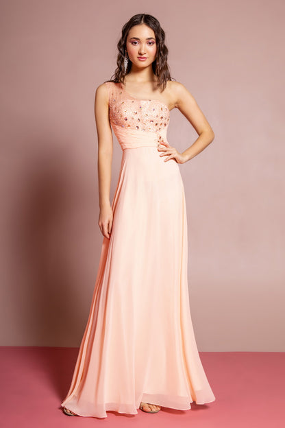 One Shoulder Floor Length Dress with Jewel Embellished Bodice