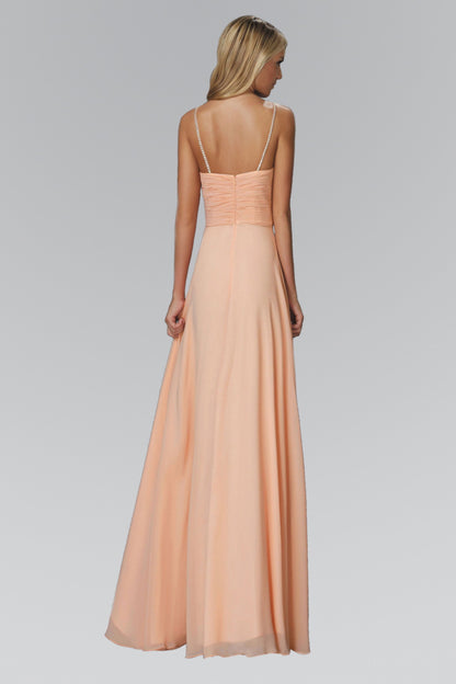 Spaghetti Straps Long Chiffon Dress Accented with Bead and Jewel