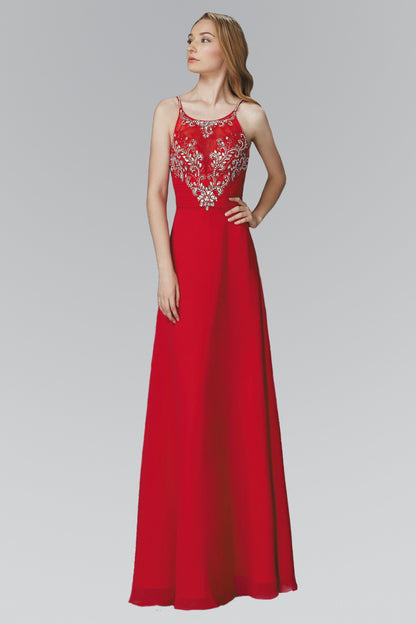 Spaghetti Straps Long Chiffon Dress Accented with Bead and Jewel