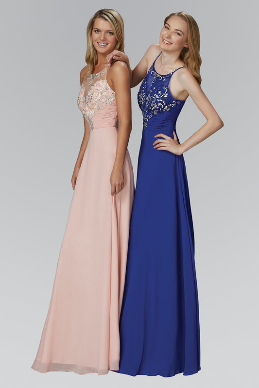 Spaghetti Straps Long Chiffon Dress Accented with Bead and Jewel