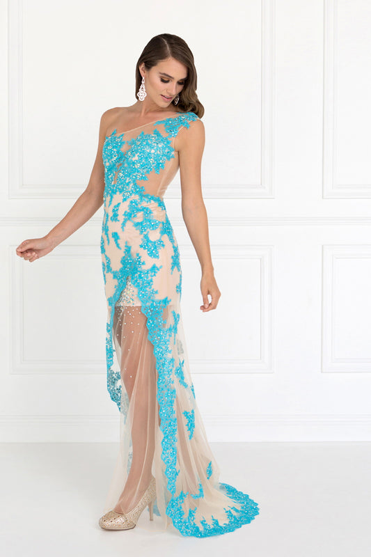 One Shoulder Sheer Back Long Dress with Lace and Rhinestone Detailing