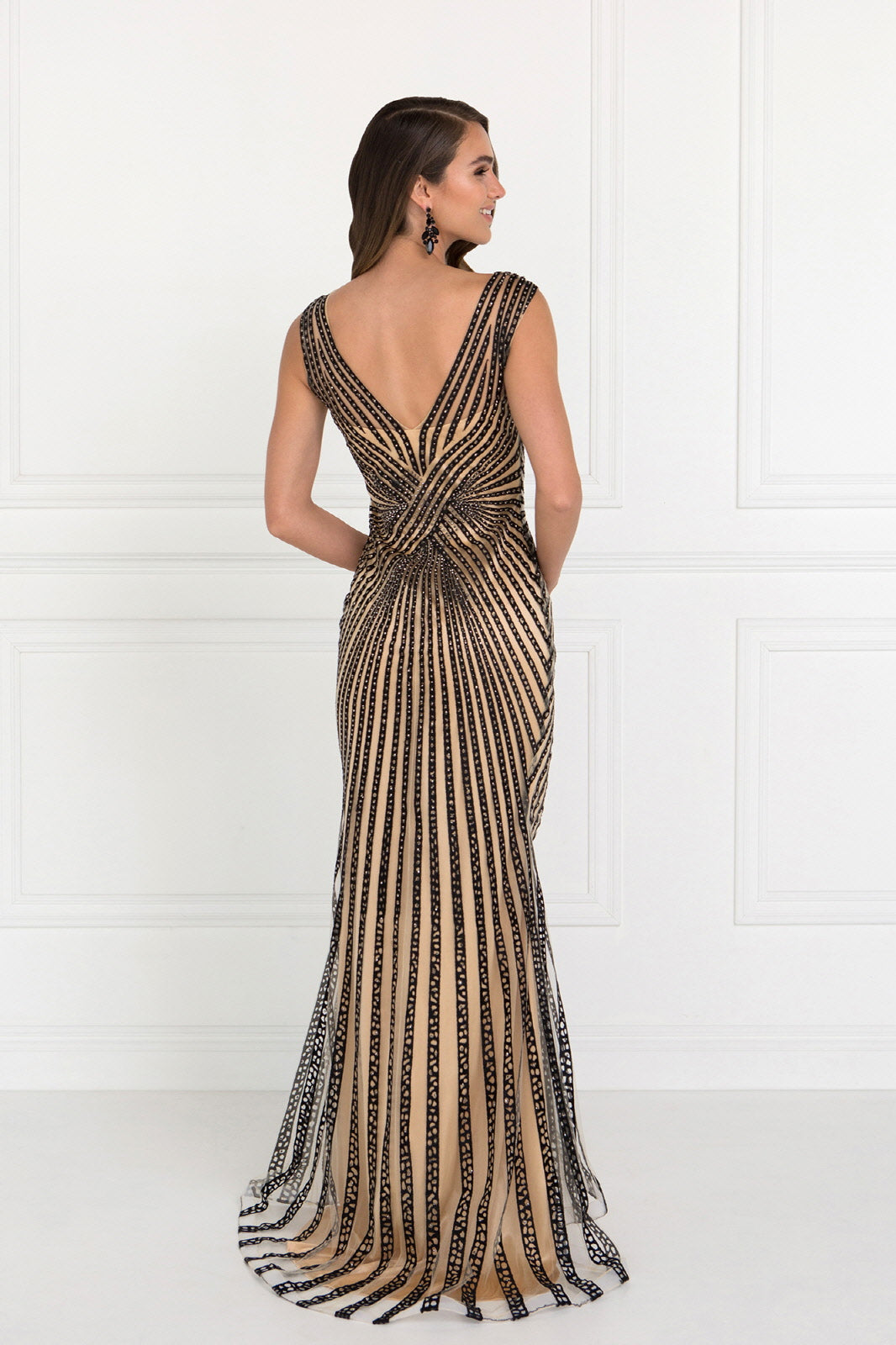 V-Neck Floor Length Dress with Rhinestone on Stripe