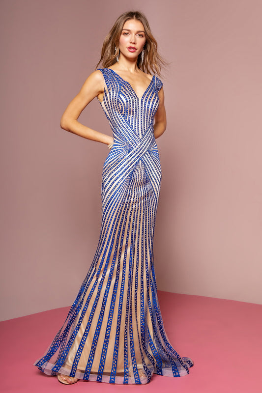 V-Neck Floor Length Dress with Rhinestone on Stripe