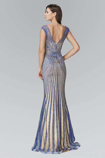 V-Neck Floor Length Dress with Rhinestone on Stripe