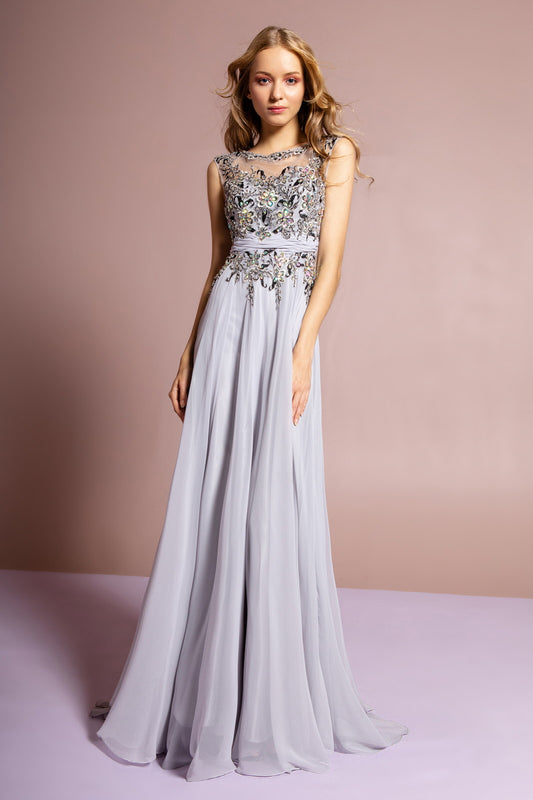 Sleeveless Long Dress with Lace and Jewel Embellished Bodice