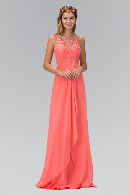 Empire Line Chiffon Long Dress with Beaded Illusion Neckline