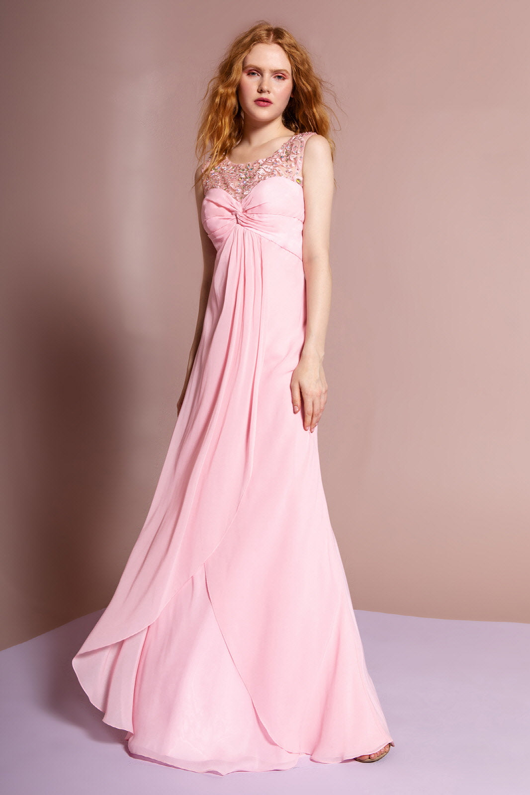 Empire Line Chiffon Long Dress with Beaded Illusion Neckline