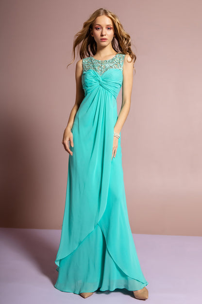 Empire Line Chiffon Long Dress with Beaded Illusion Neckline