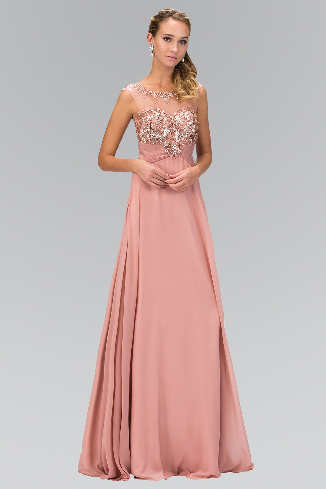 Sequin Embellished Chiffon Long Dress with Beaded Sweetheart Illusion Neckline