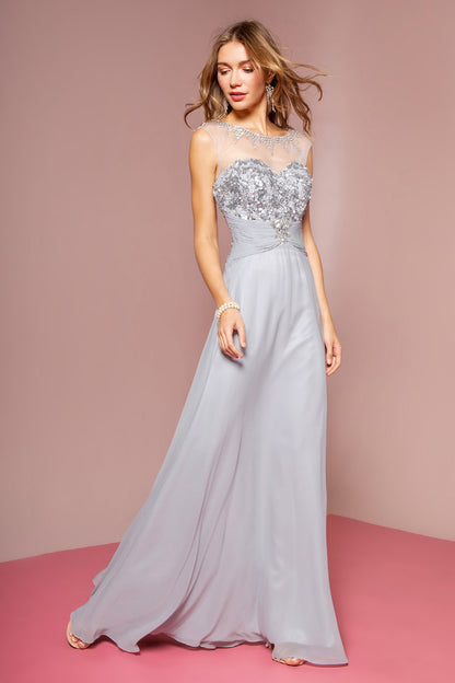 Sequin Embellished Chiffon Long Dress with Beaded Sweetheart Illusion Neckline