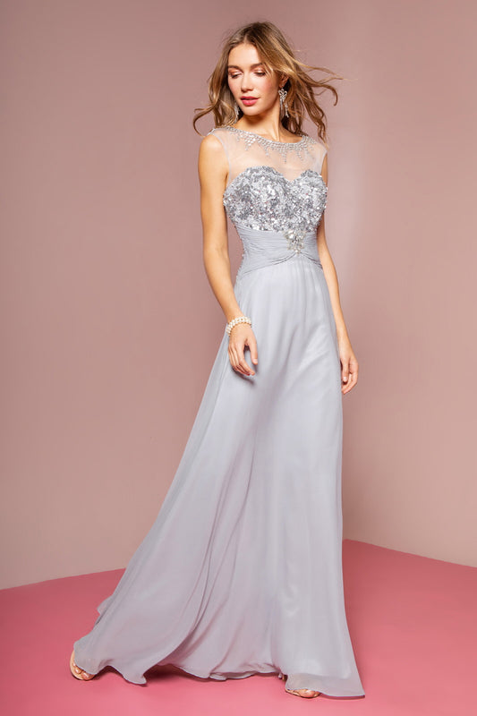 Sequin Embellished Chiffon Long Dress with Beaded Sweetheart Illusion Neckline