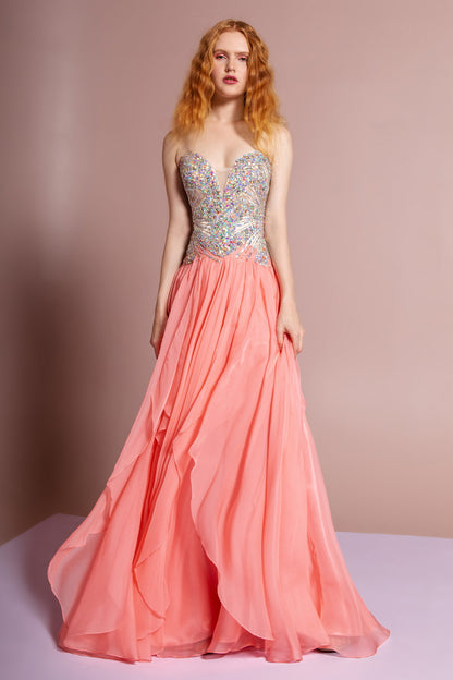 Strapless Sweetheart Chiffon Long Dress with Sequin Embellished Bodice