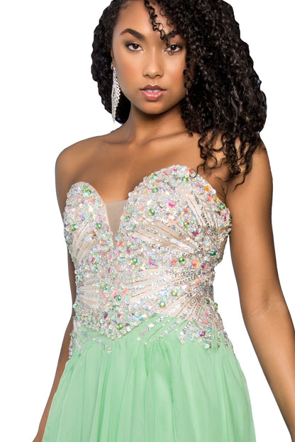 Strapless Sweetheart Chiffon Long Dress with Sequin Embellished Bodice