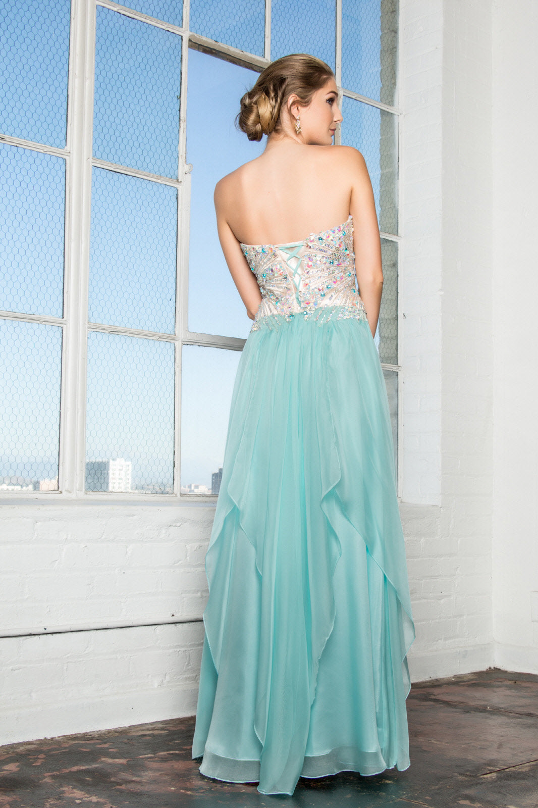 Strapless Sweetheart Chiffon Long Dress with Sequin Embellished Bodice