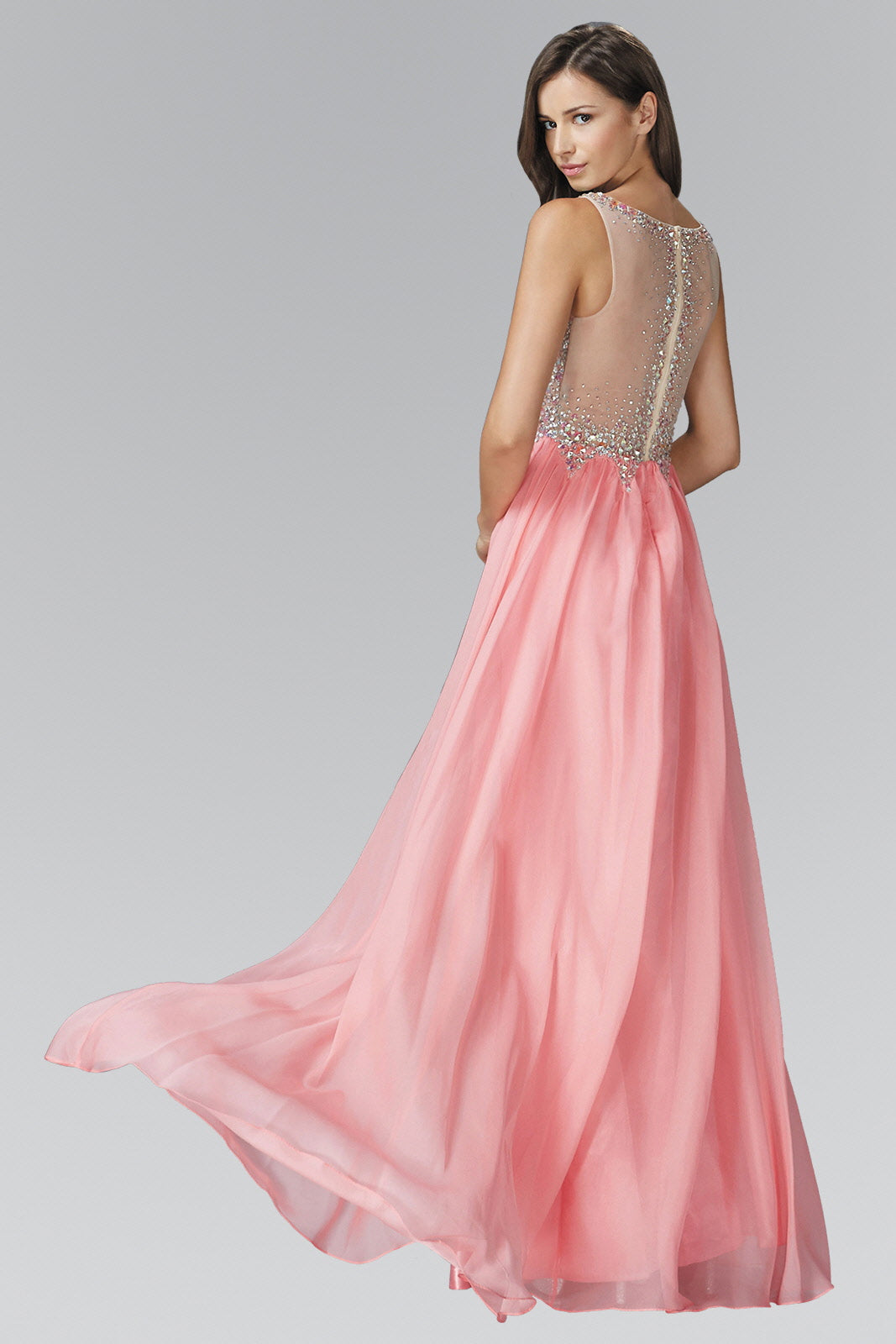 Beaded Chiffon Long Dress W/ Sequin Embellished Sheer Bodice and Corset Back