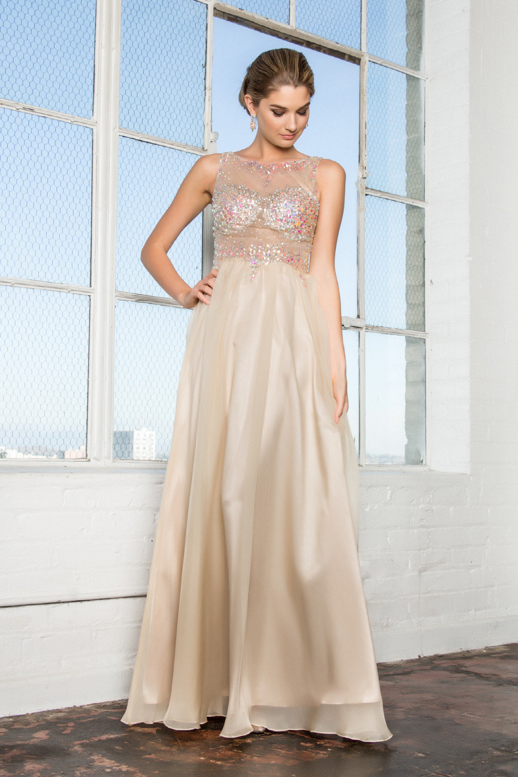 Beaded Chiffon Long Dress W/ Sequin Embellished Sheer Bodice and Corset Back