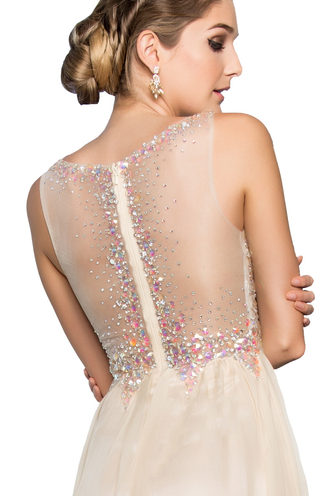 Beaded Chiffon Long Dress W/ Sequin Embellished Sheer Bodice and Corset Back