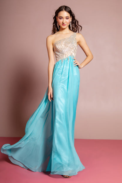 One Shoulder Jewel Embellished Bodice Chiffon Floor Length Dress