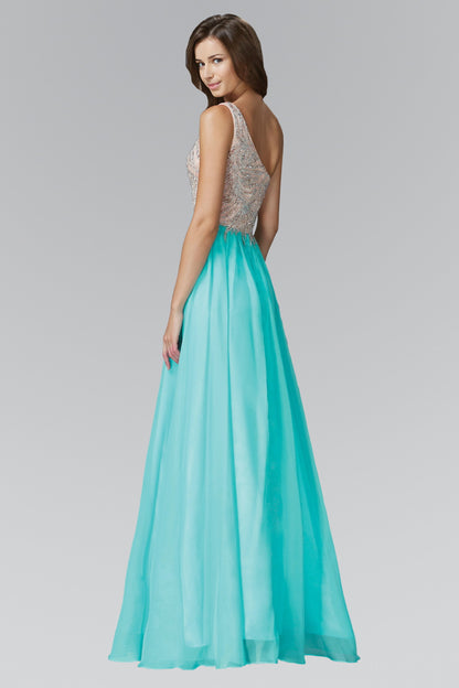 One Shoulder Jewel Embellished Bodice Chiffon Floor Length Dress