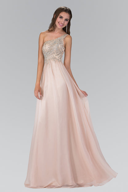 One Shoulder Jewel Embellished Bodice Chiffon Floor Length Dress