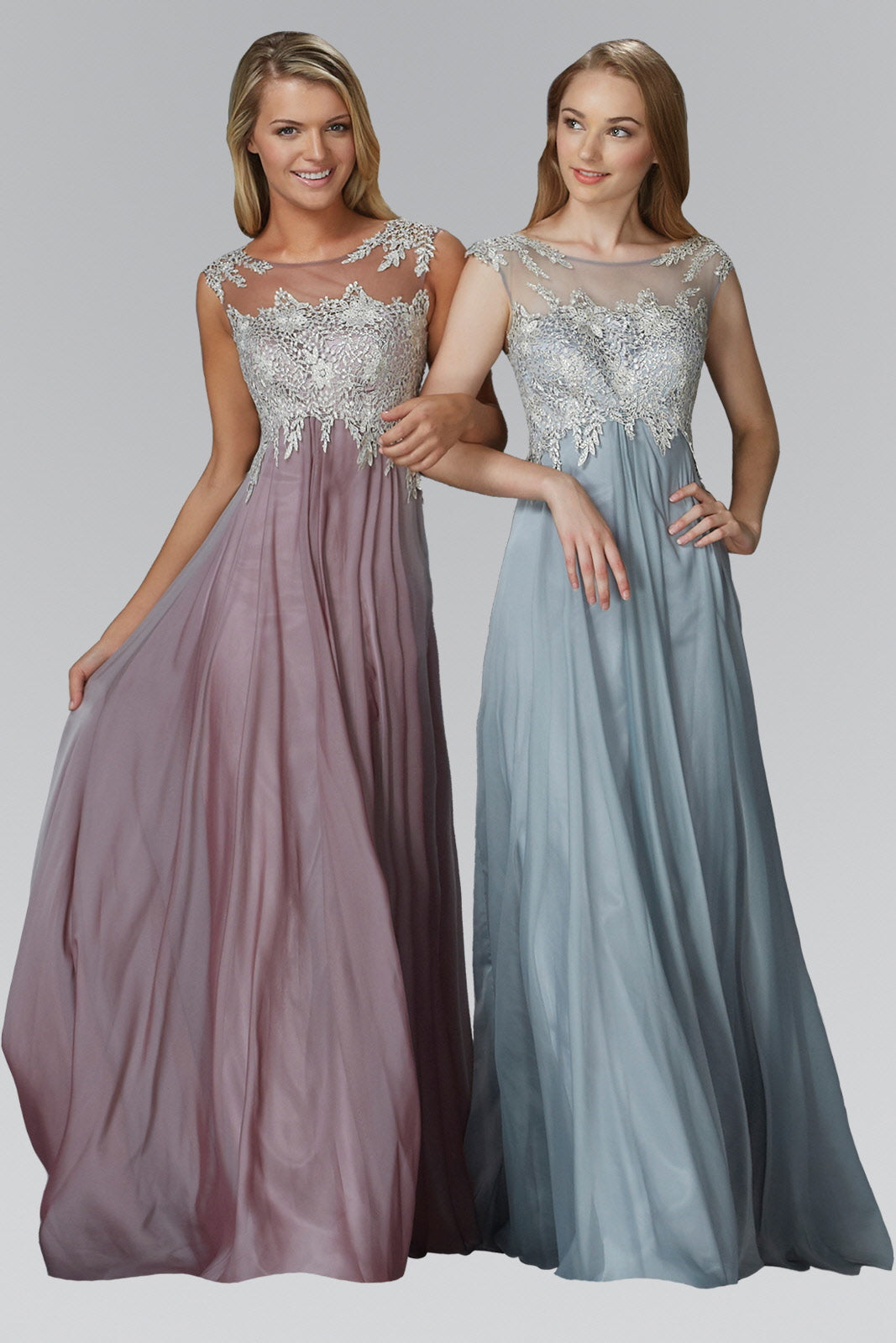 Chiffon Long Dress with Lace Embellished Bodice and Sheer Neckline