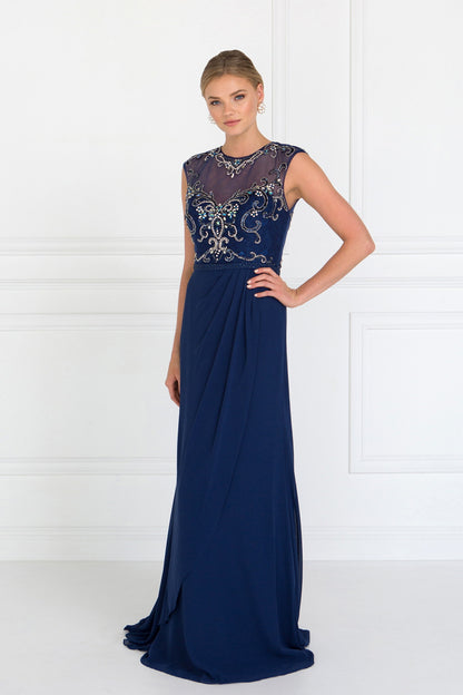 Sleeveless Chiffon Floor Length Dress with Jewel Embellished Bodice and Back