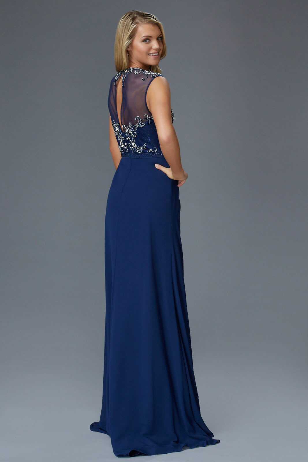 Sleeveless Chiffon Floor Length Dress with Jewel Embellished Bodice and Back