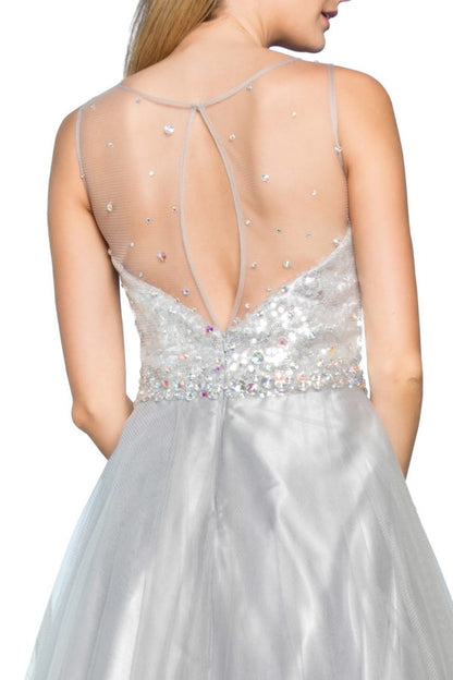 A-Line Long Dress with Sequin Embellished Sheer Bodice and back