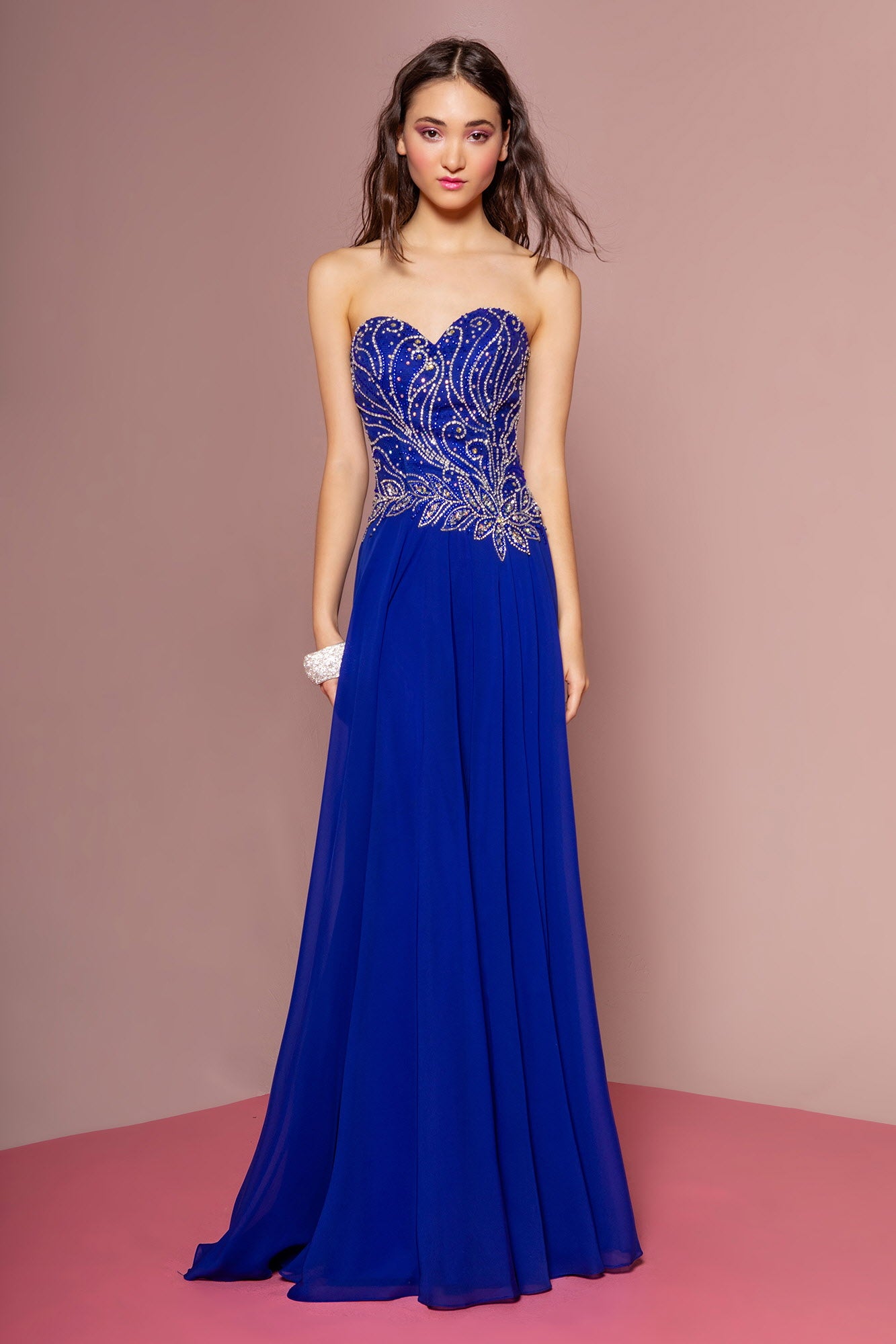 Strapless Sweetheart Chiffon Long Dress with Jewel Embellished Bodice