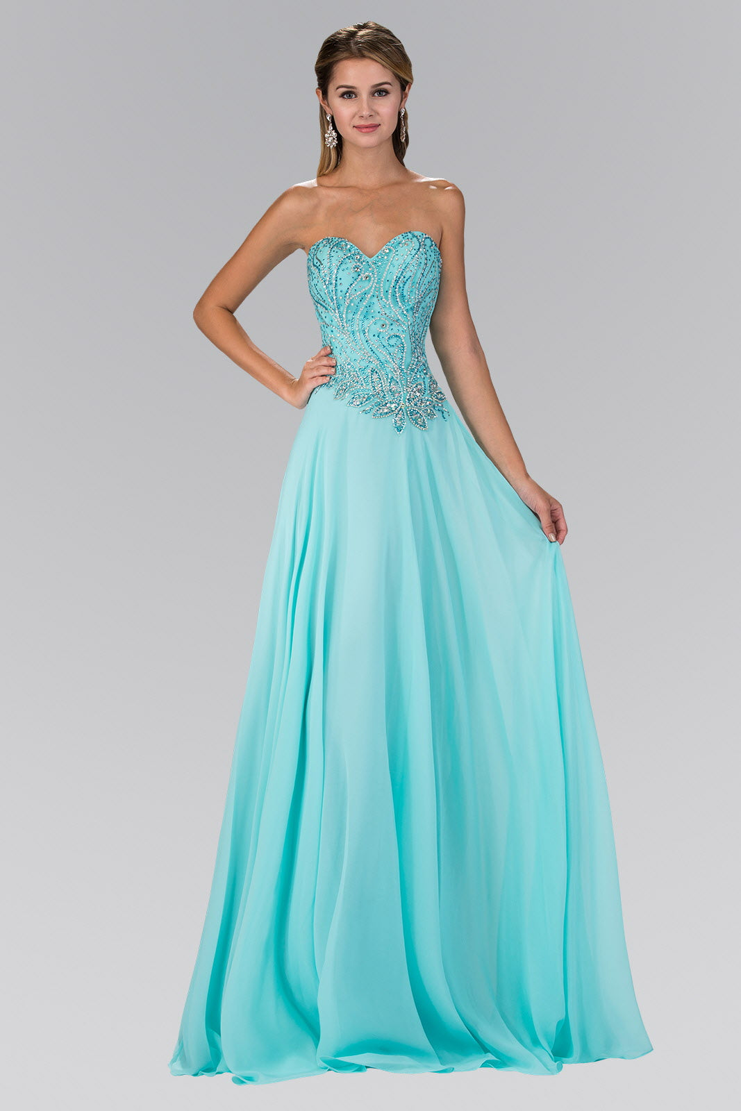 Strapless Sweetheart Chiffon Long Dress with Jewel Embellished Bodice