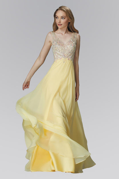 V-Neck Chiffon Floor Length Dress with Jewel Embellished Bodice