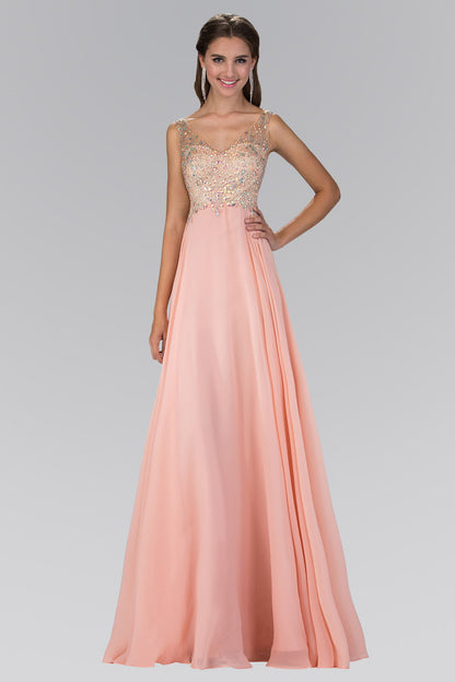 V-Neck Chiffon Floor Length Dress with Jewel Embellished Bodice