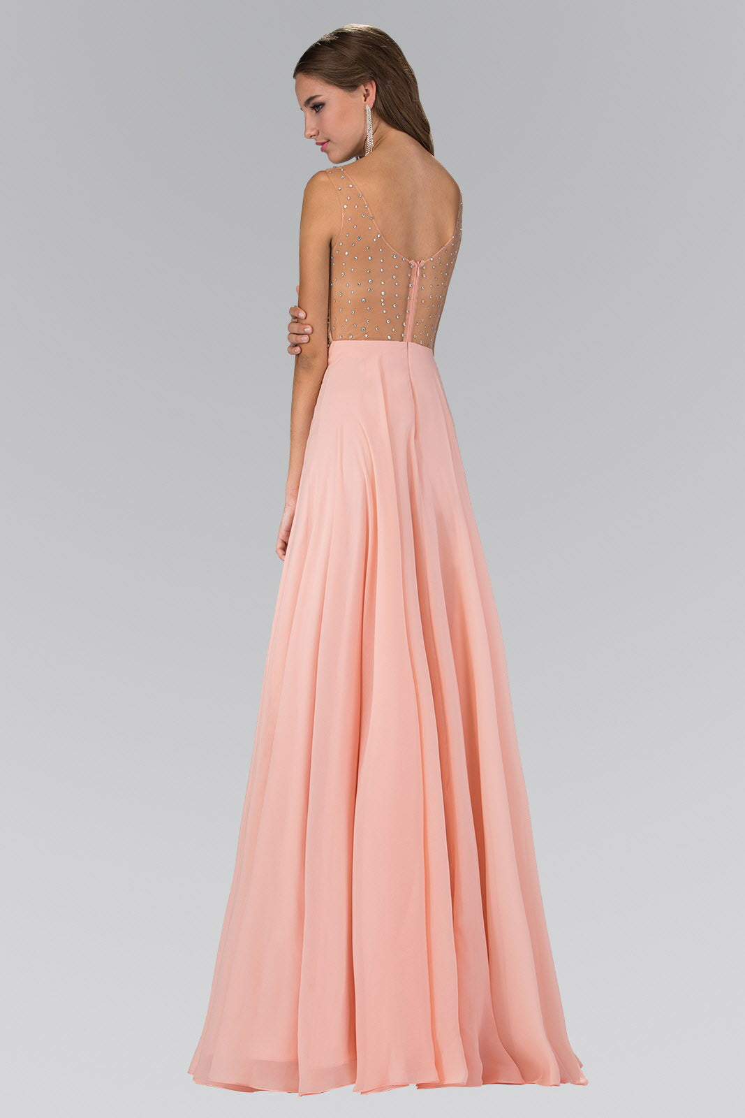 V-Neck Chiffon Floor Length Dress with Jewel Embellished Bodice