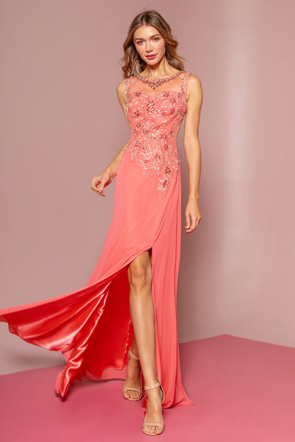 Beaded Chiffon Floor Length Dress with Sheer Neckline and Side Slit