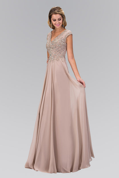 V-Neck Chiffon Floor Length Dress with Jewel Embellished Bodice