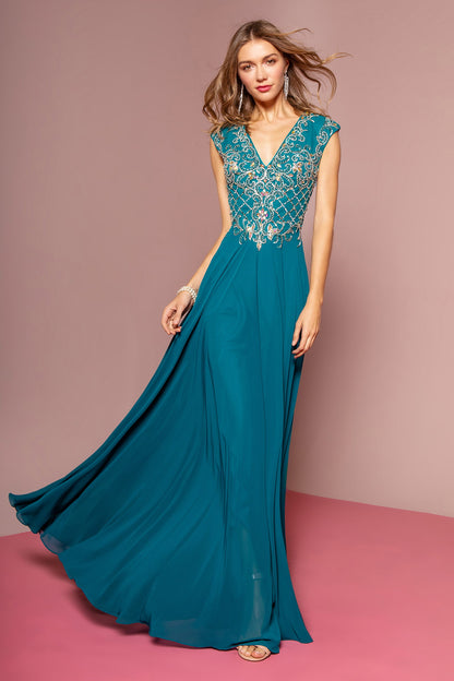 V-Neck Chiffon Floor Length Dress with Jewel Embellished Bodice