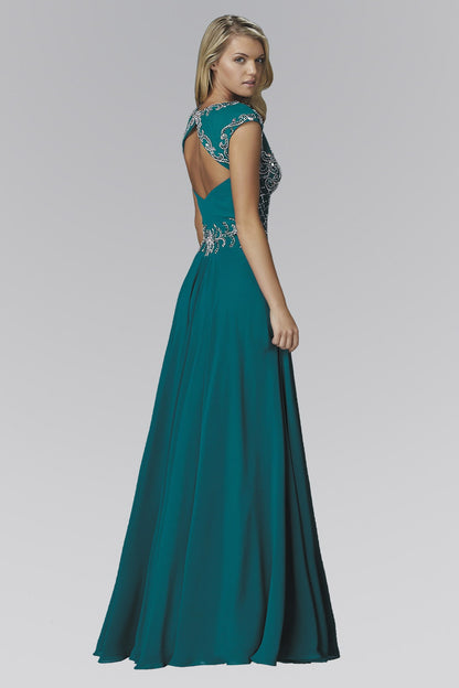 V-Neck Chiffon Floor Length Dress with Jewel Embellished Bodice