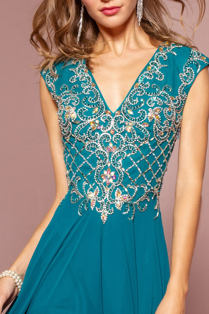 V-Neck Chiffon Floor Length Dress with Jewel Embellished Bodice