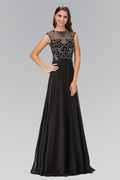 Sheer Back Floor Length Dress with Bead Embellished Bodice