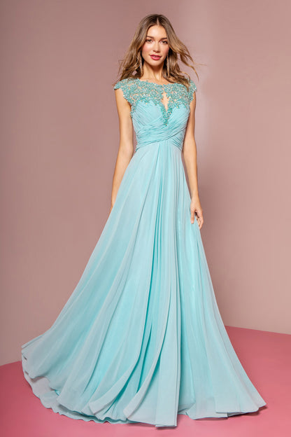 Sheer Back Floor Length Dress with Lace Embellished Ruched Bodice