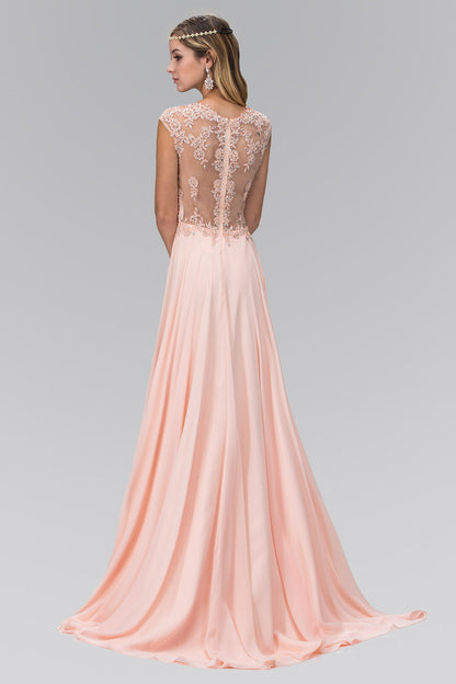 Sheer Back Floor Length Dress with Lace Embellished Ruched Bodice