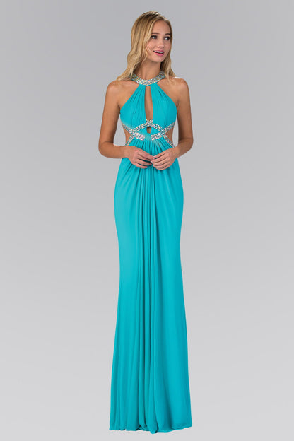 Long Dress Accented with Jewel Embellished Bodice and Cut Outs