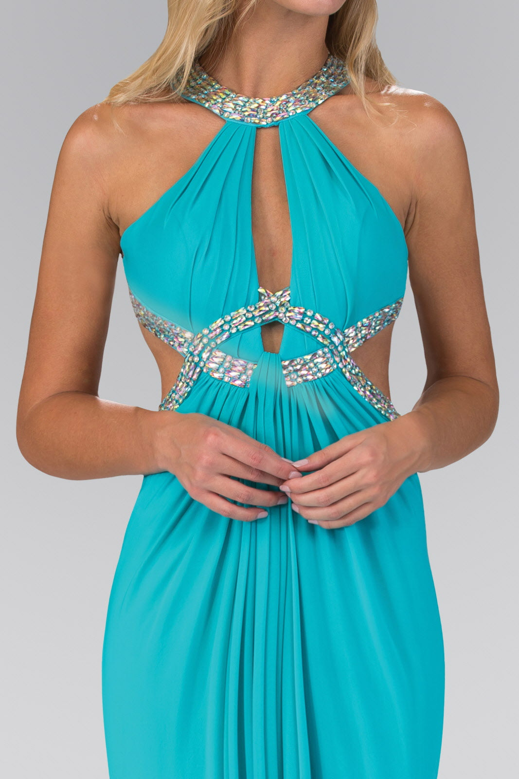 Long Dress Accented with Jewel Embellished Bodice and Cut Outs