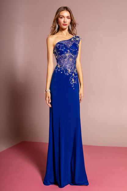 One Shoulder Jersey Floor Length Dress with Jewel Accents and Sheer Bodice