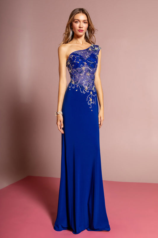 One Shoulder Jersey Floor Length Dress with Jewel Accents and Sheer Bodice