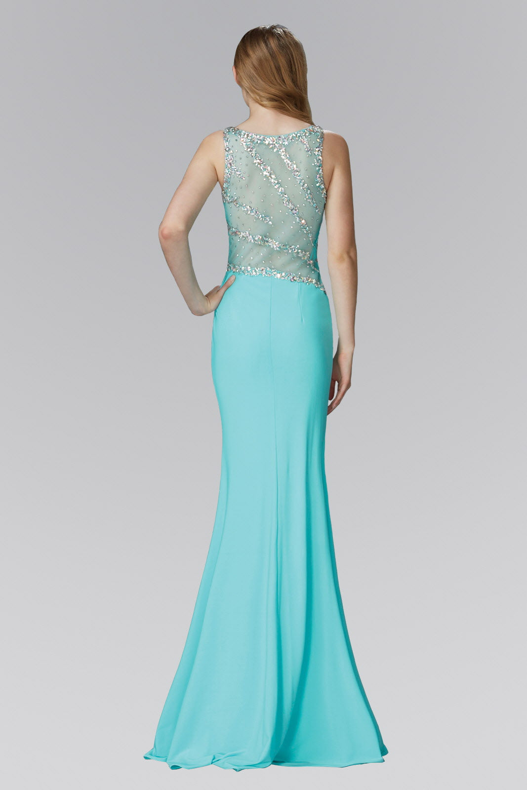 Jewel Embellished Bodice Jersey Floor Length Dress with Side Slit