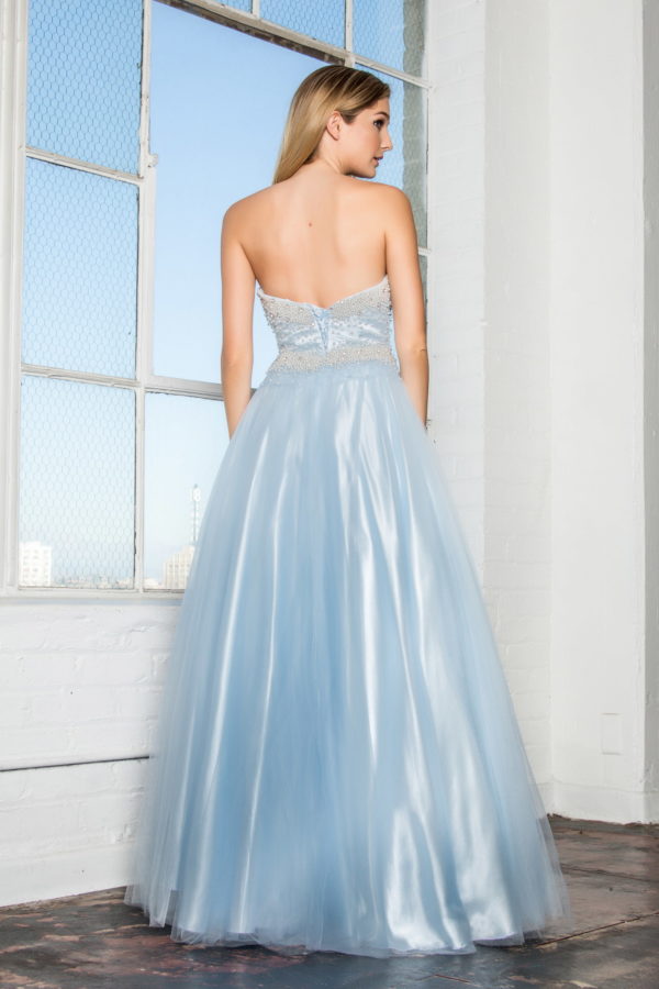 Strapless Sweetheart A-Line Tulle Long Dress with Bead and Pearl Embellished Bodice