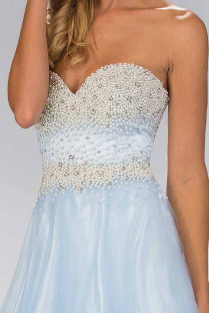 Strapless Sweetheart A-Line Tulle Long Dress with Bead and Pearl Embellished Bodice