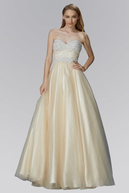 Strapless Sweetheart A-Line Tulle Long Dress with Bead and Pearl Embellished Bodice